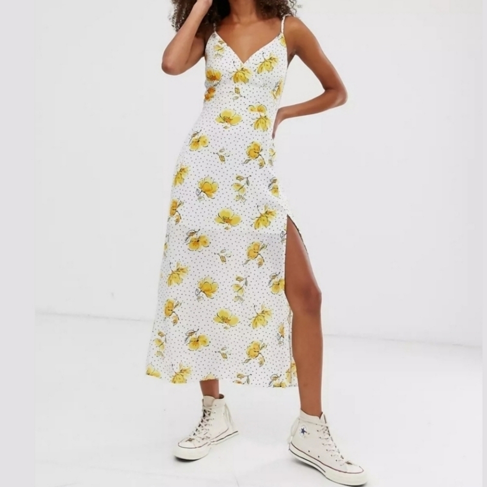 Abercrombie & Fitch White Polka Dot Floral Print Smocked Side Slit Midi Dress